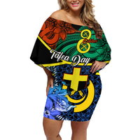 Tafea Day Family Matching Off Shoulder Short Dress and Hawaiian Shirt Vanuatu Sand Drawing With Polynesian Pattern LT9 Mom's Dress Blue - Polynesian Pride
