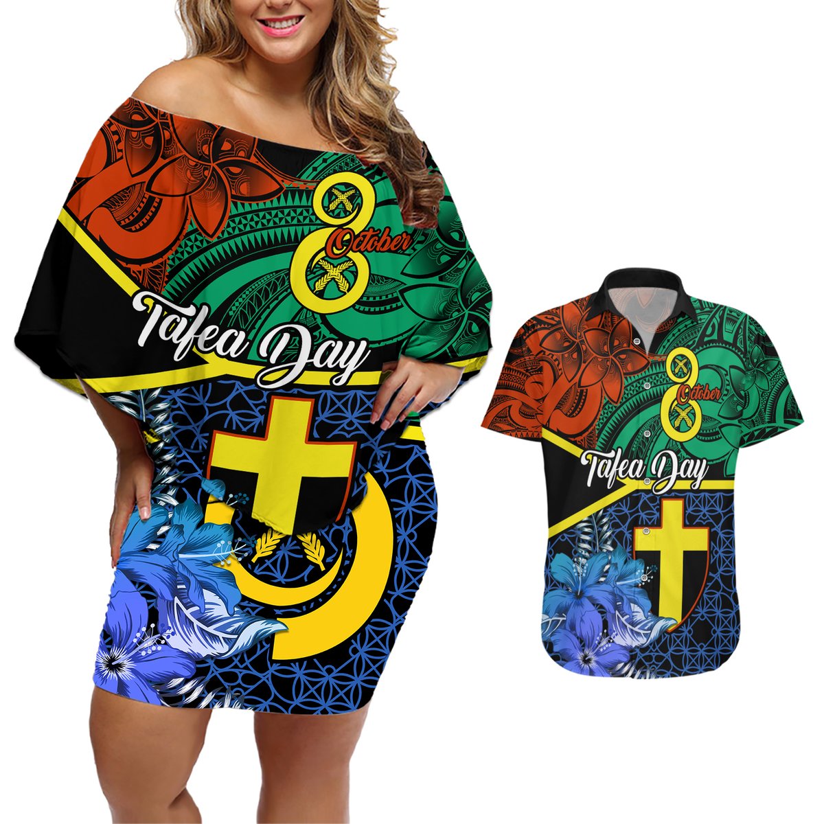 personalised-tafea-day-couples-matching-off-shoulder-short-dress-and-hawaiian-shirt-vanuatu-sand-drawing-with-polynesian-pattern