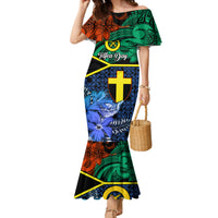 Personalised Tafea Day Family Matching Mermaid Dress and Hawaiian Shirt Vanuatu Sand Drawing With Polynesian Pattern LT9 Mom's Dress Blue - Polynesian Pride