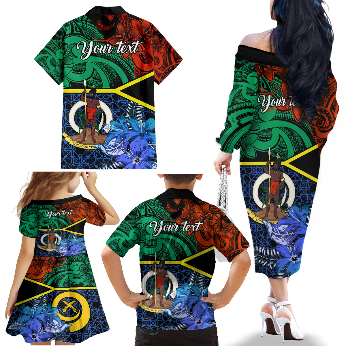 Personalised Tafea Day Family Matching Off Shoulder Long Sleeve Dress and Hawaiian Shirt Vanuatu Sand Drawing With Polynesian Pattern LT9 - Polynesian Pride