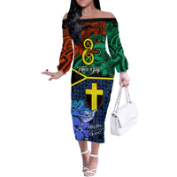 Personalised Tafea Day Family Matching Off Shoulder Long Sleeve Dress and Hawaiian Shirt Vanuatu Sand Drawing With Polynesian Pattern LT9 Mom's Dress Blue - Polynesian Pride