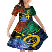 Personalised Tafea Day Family Matching Off Shoulder Maxi Dress and Hawaiian Shirt Vanuatu Sand Drawing With Polynesian Pattern LT9 Daughter's Dress Blue - Polynesian Pride