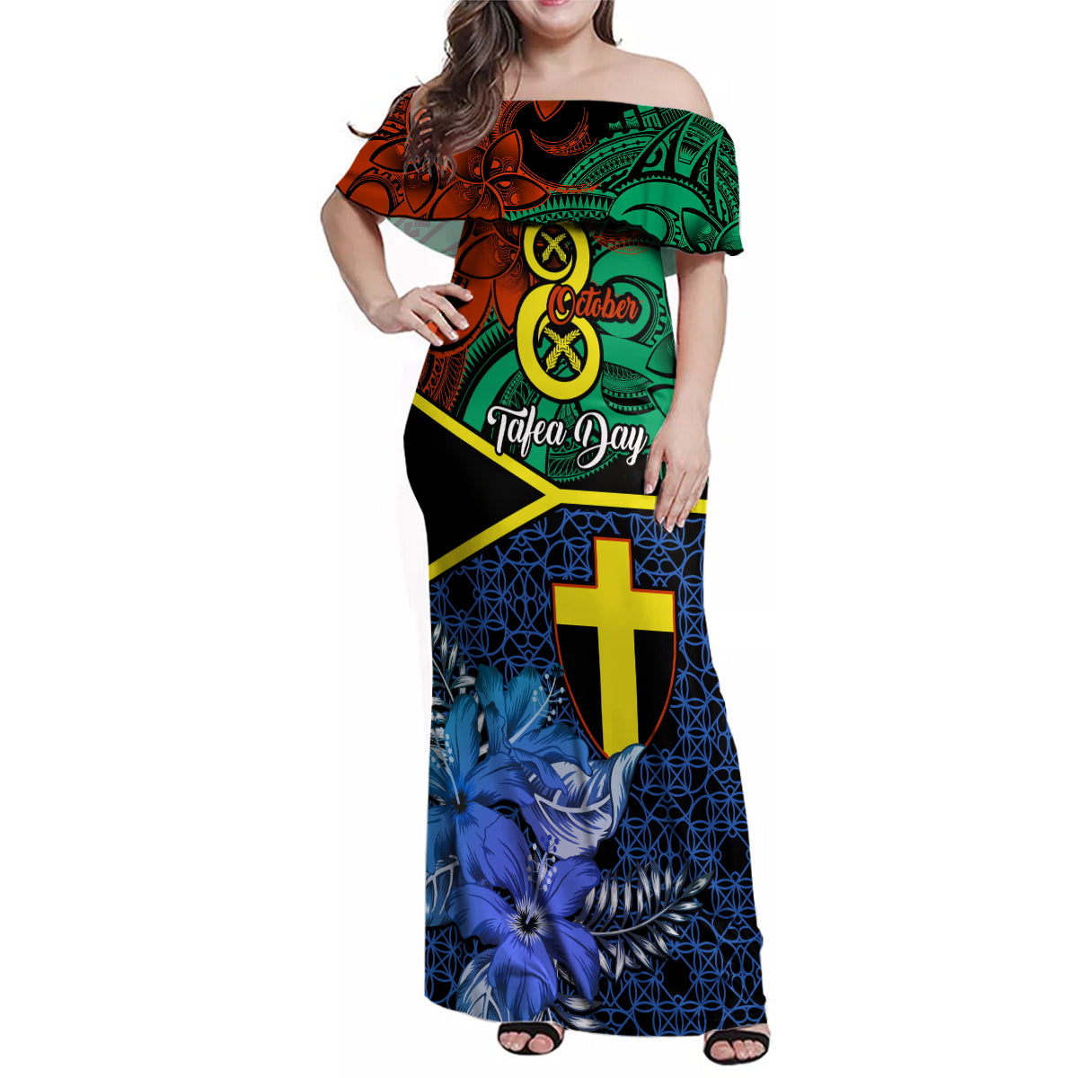 Personalised Tafea Day Family Matching Off Shoulder Maxi Dress and Hawaiian Shirt Vanuatu Sand Drawing With Polynesian Pattern LT9 Mom's Dress Blue - Polynesian Pride