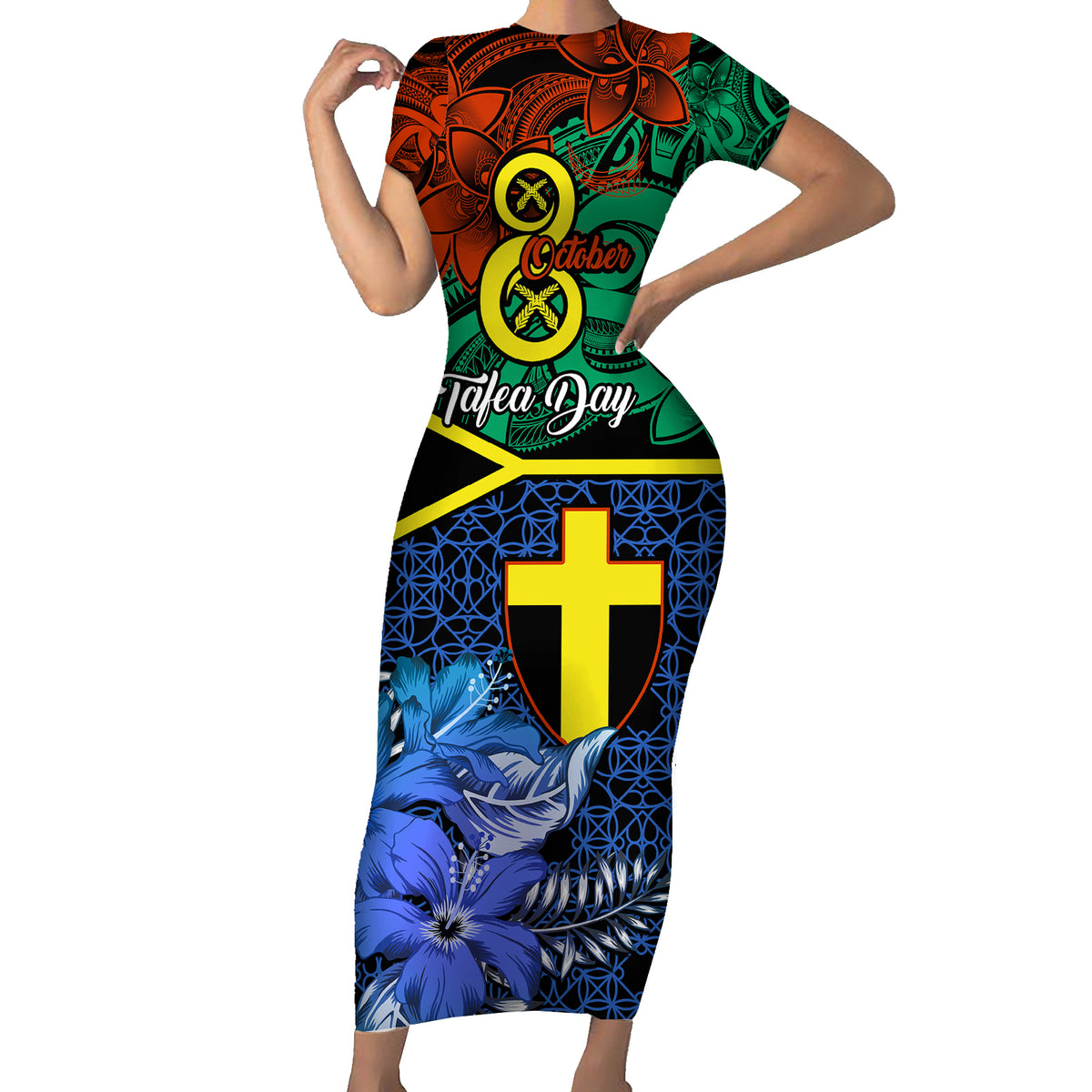 Personalised Tafea Day Short Sleeve Bodycon Dress Vanuatu Sand Drawing With Polynesian Pattern LT9 Long Dress Blue - Polynesian Pride