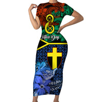 Personalised Tafea Day Short Sleeve Bodycon Dress Vanuatu Sand Drawing With Polynesian Pattern LT9 Long Dress Blue - Polynesian Pride
