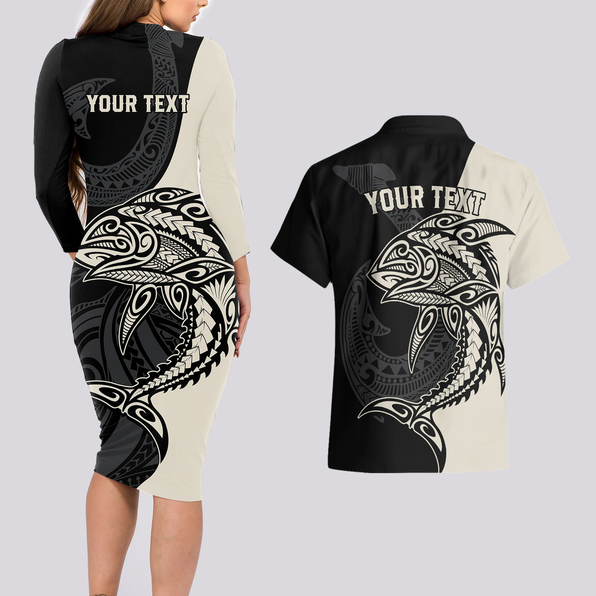 Personalised Polynesia Fishing Couples Matching Long Sleeve Bodycon Dress and Hawaiian Shirt With Maori Hei Matau Fish Hook Gold Art LT9 - Polynesian Pride