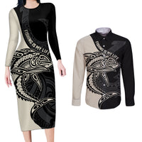 Personalised Polynesia Fishing Couples Matching Long Sleeve Bodycon Dress and Long Sleeve Button Shirts With Maori Hei Matau Fish Hook Gold Art LT9 Gold - Polynesian Pride