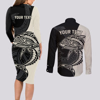 Personalised Polynesia Fishing Couples Matching Long Sleeve Bodycon Dress and Long Sleeve Button Shirts With Maori Hei Matau Fish Hook Gold Art LT9 - Polynesian Pride