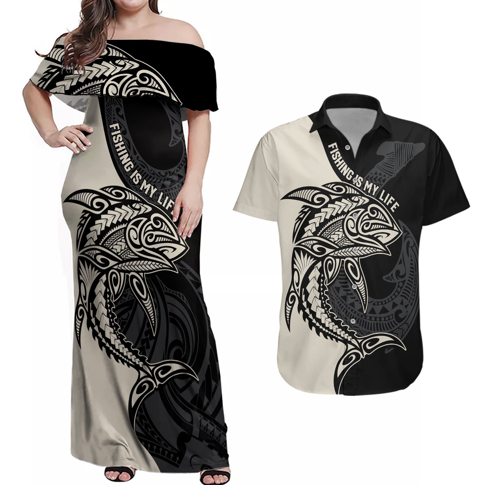 Personalised Polynesia Fishing Couples Matching Off Shoulder Maxi Dress and Hawaiian Shirt With Maori Hei Matau Fish Hook Gold Art LT9 Gold - Polynesian Pride