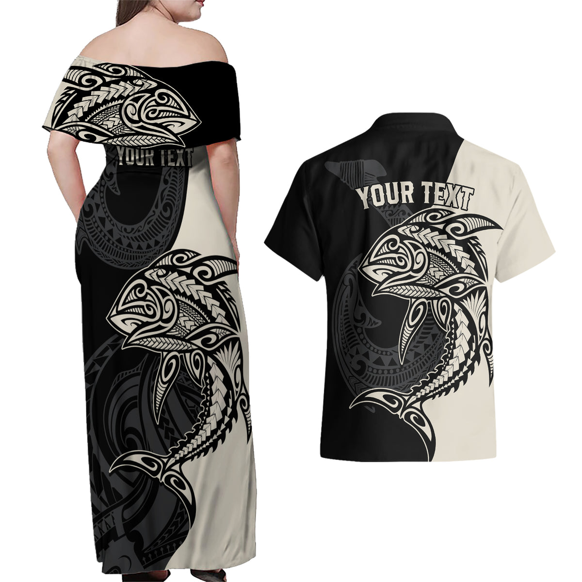 Personalised Polynesia Fishing Couples Matching Off Shoulder Maxi Dress and Hawaiian Shirt With Maori Hei Matau Fish Hook Gold Art LT9 - Polynesian Pride