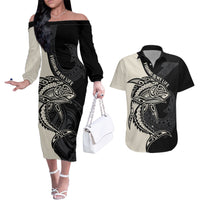 Personalised Polynesia Fishing Couples Matching Off The Shoulder Long Sleeve Dress and Hawaiian Shirt With Maori Hei Matau Fish Hook Gold Art LT9 Gold - Polynesian Pride