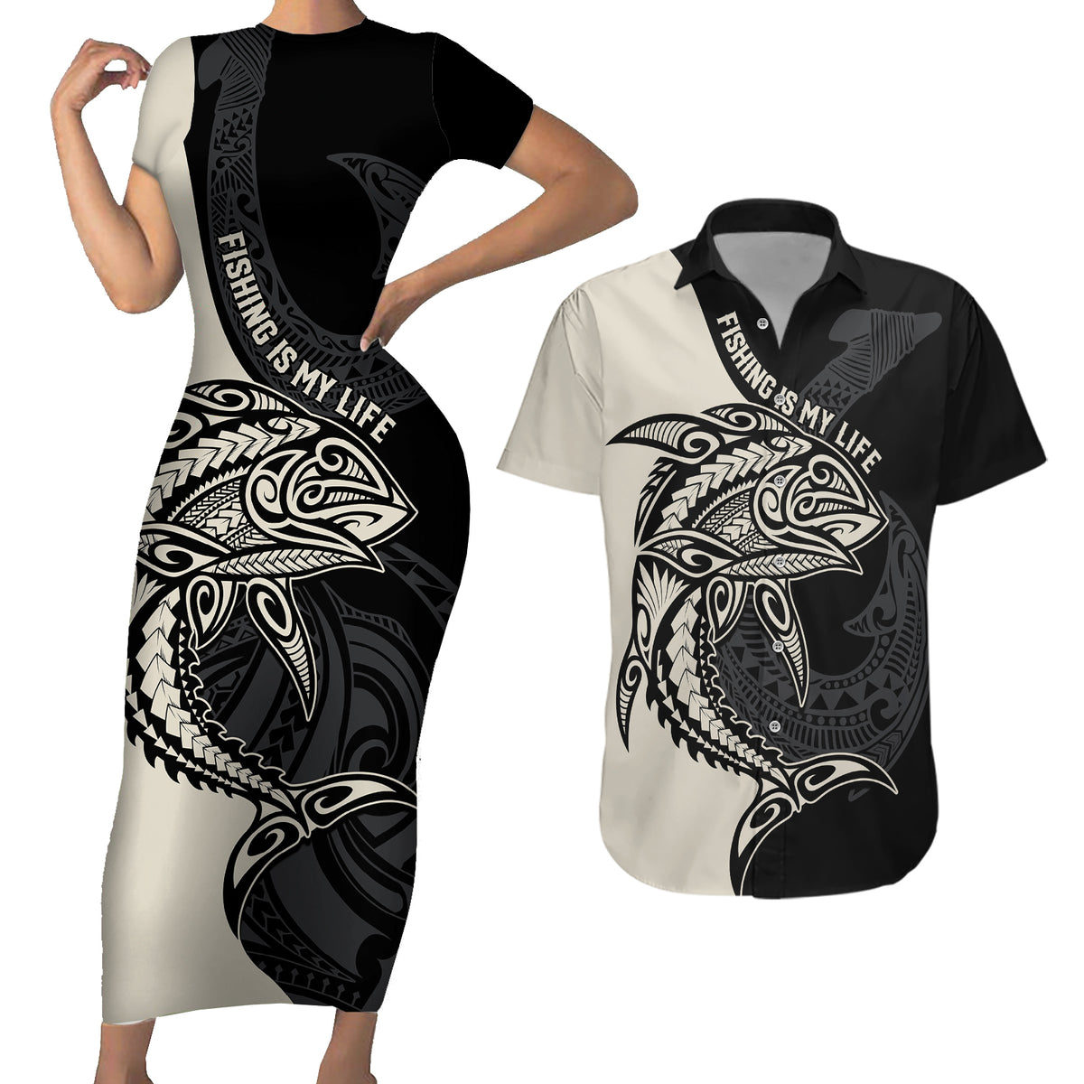 Personalised Polynesia Fishing Couples Matching Short Sleeve Bodycon Dress and Hawaiian Shirt With Maori Hei Matau Fish Hook Gold Art LT9 Gold - Polynesian Pride