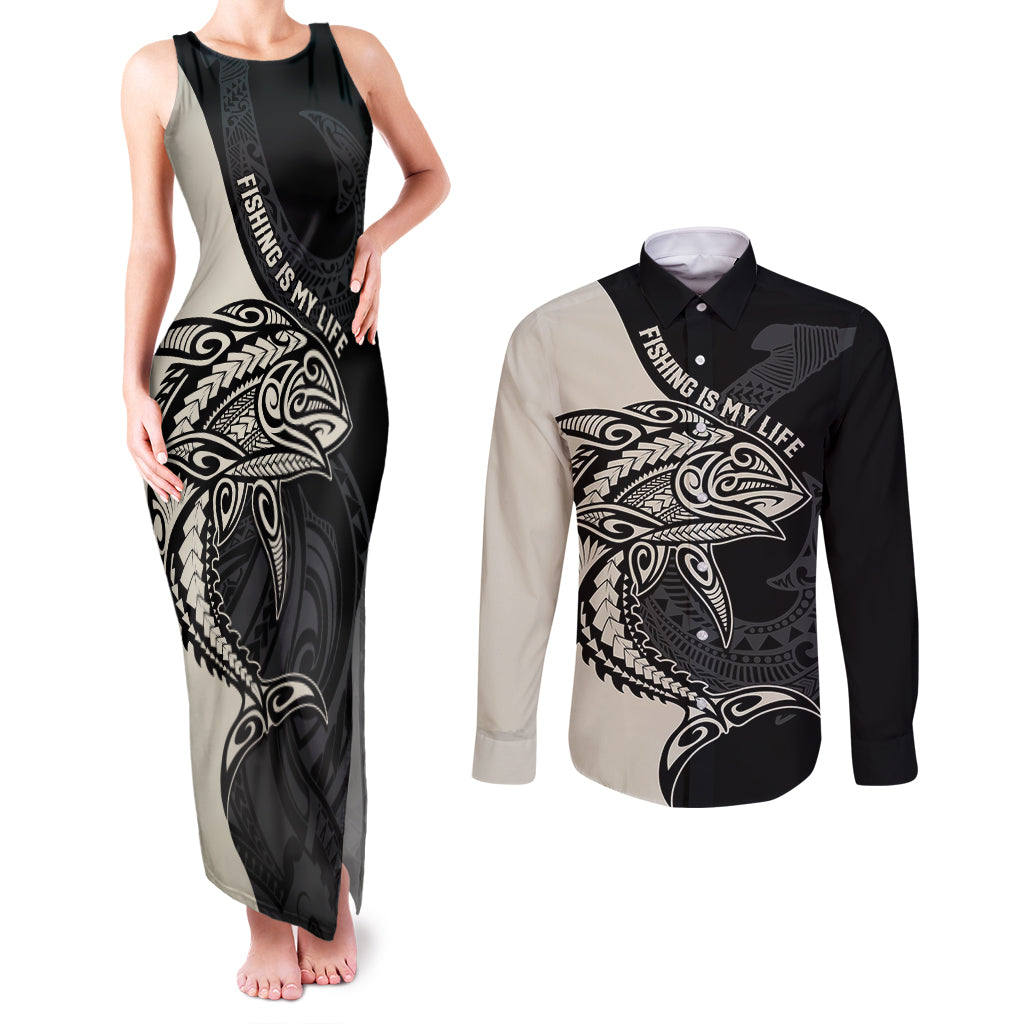 Personalised Polynesia Fishing Couples Matching Tank Maxi Dress and Long Sleeve Button Shirts With Maori Hei Matau Fish Hook Gold Art LT9 Gold - Polynesian Pride