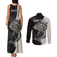 Personalised Polynesia Fishing Couples Matching Tank Maxi Dress and Long Sleeve Button Shirts With Maori Hei Matau Fish Hook Gold Art LT9 - Polynesian Pride