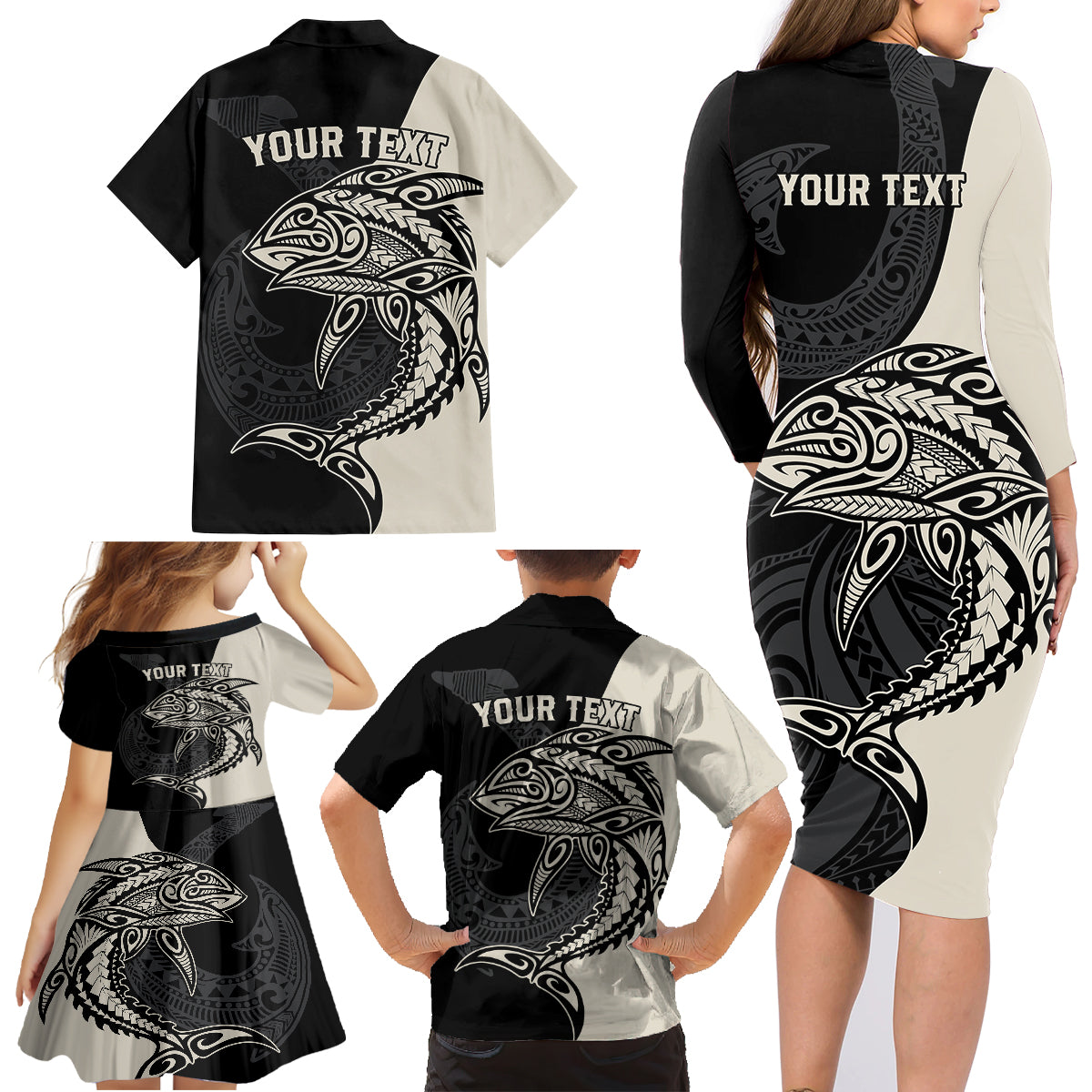 Personalised Polynesia Fishing Family Matching Long Sleeve Bodycon Dress and Hawaiian Shirt With Maori Hei Matau Fish Hook Gold Art LT9 - Polynesian Pride