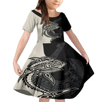 Personalised Polynesia Fishing Family Matching Mermaid Dress and Hawaiian Shirt With Maori Hei Matau Fish Hook Gold Art LT9 Daughter's Dress Gold - Polynesian Pride