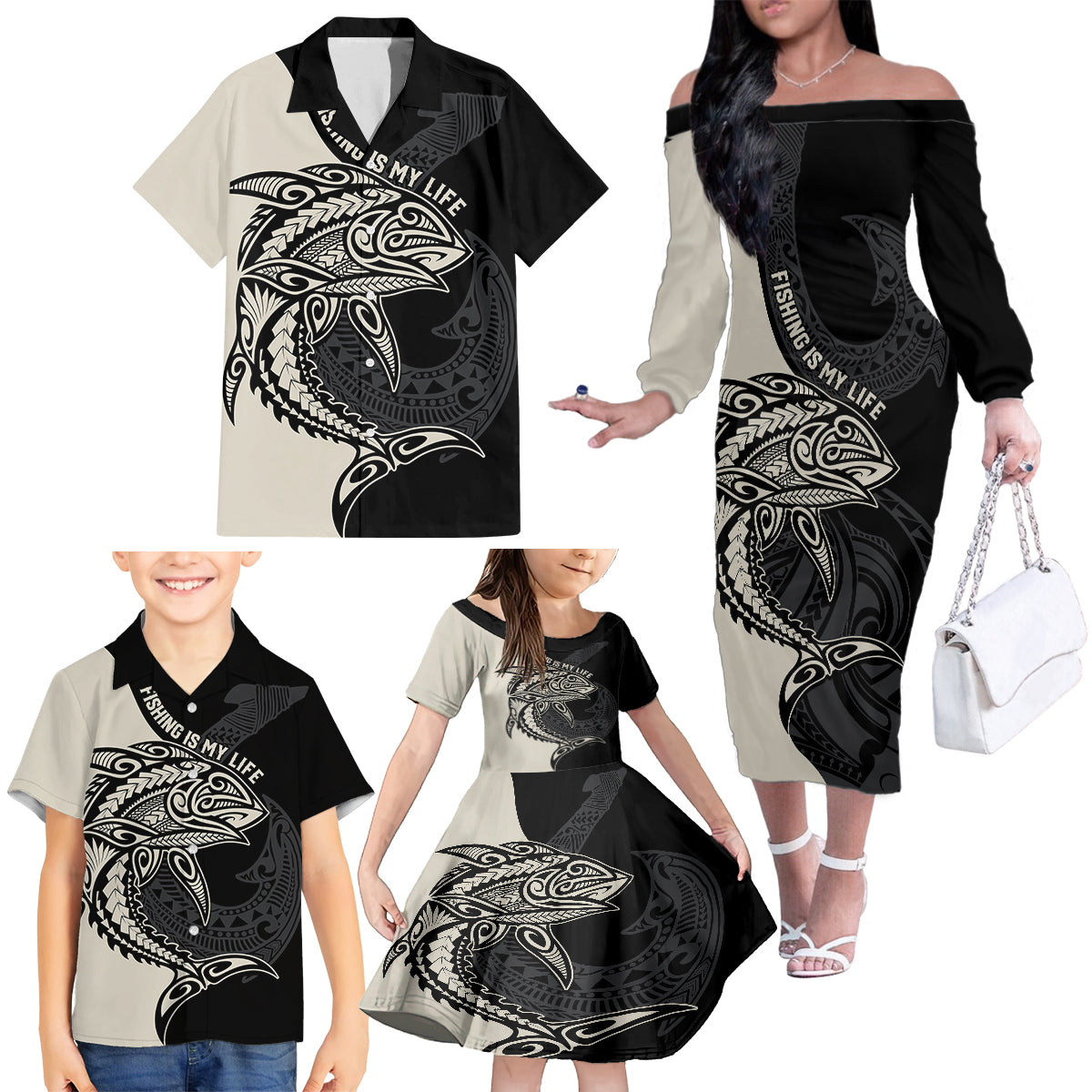 Personalised Polynesia Fishing Family Matching Off Shoulder Long Sleeve Dress and Hawaiian Shirt With Maori Hei Matau Fish Hook Gold Art LT9 - Polynesian Pride