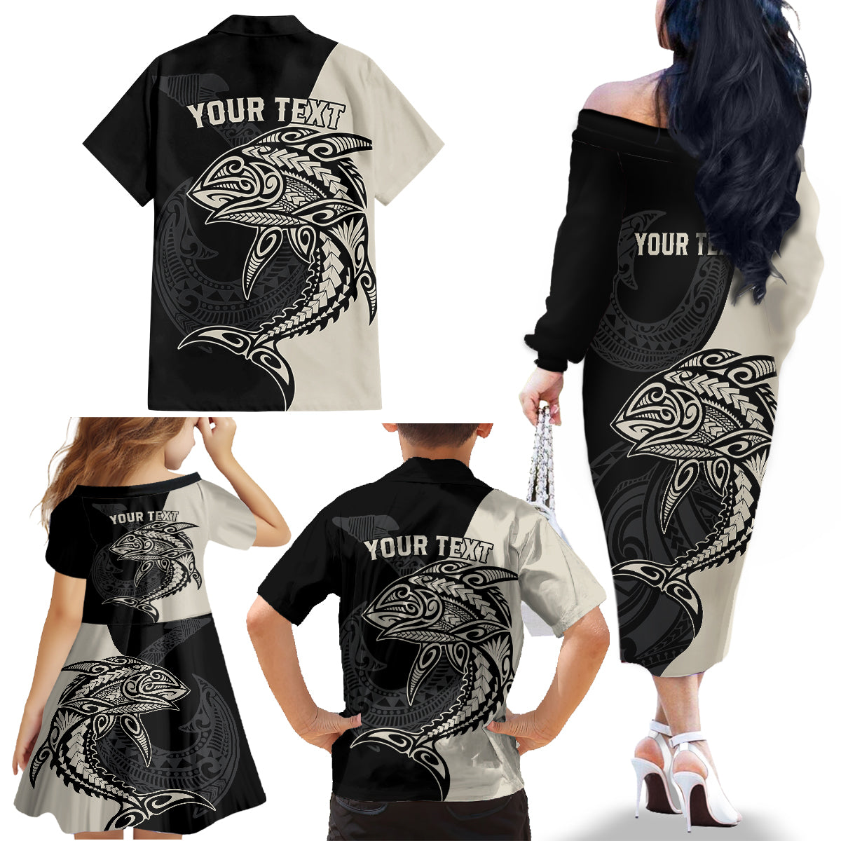 Personalised Polynesia Fishing Family Matching Off Shoulder Long Sleeve Dress and Hawaiian Shirt With Maori Hei Matau Fish Hook Gold Art LT9 - Polynesian Pride