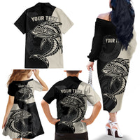 Personalised Polynesia Fishing Family Matching Off Shoulder Long Sleeve Dress and Hawaiian Shirt With Maori Hei Matau Fish Hook Gold Art LT9 - Polynesian Pride