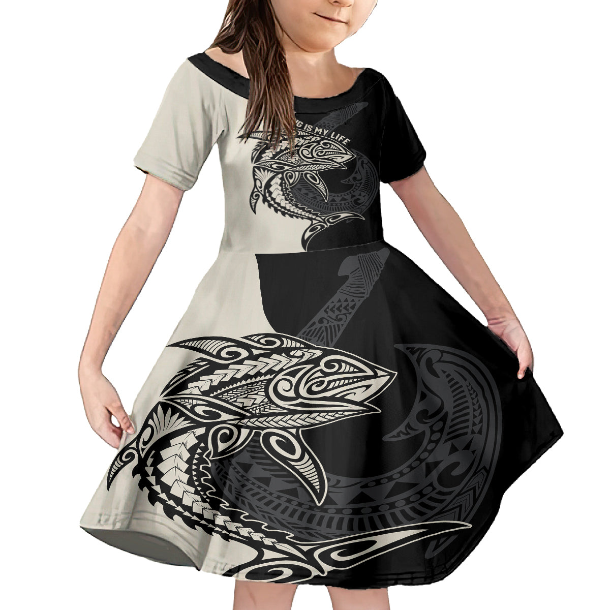 Personalised Polynesia Fishing Family Matching Off Shoulder Maxi Dress and Hawaiian Shirt With Maori Hei Matau Fish Hook Gold Art LT9 Daughter's Dress Gold - Polynesian Pride