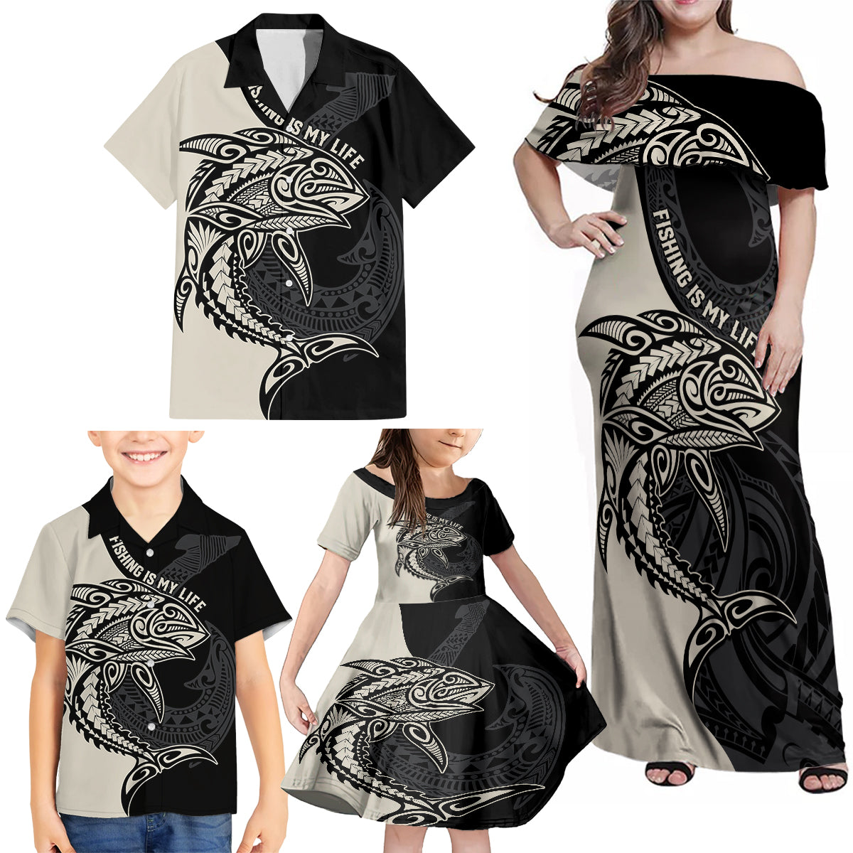 Personalised Polynesia Fishing Family Matching Off Shoulder Maxi Dress and Hawaiian Shirt With Maori Hei Matau Fish Hook Gold Art LT9 - Polynesian Pride