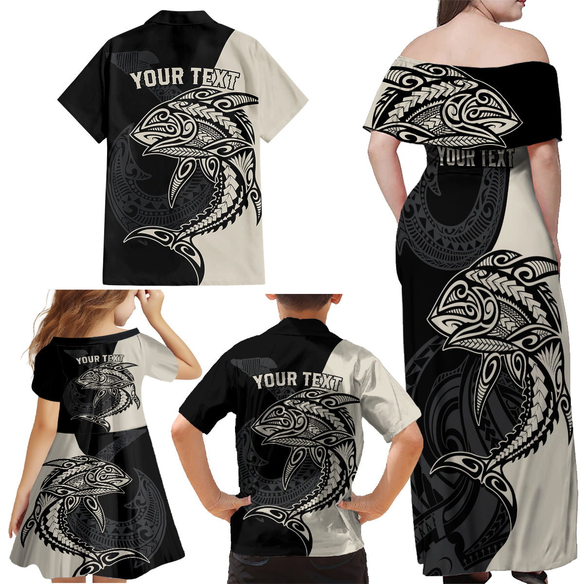 Personalised Polynesia Fishing Family Matching Off Shoulder Maxi Dress and Hawaiian Shirt With Maori Hei Matau Fish Hook Gold Art LT9 - Polynesian Pride