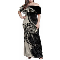 Personalised Polynesia Fishing Family Matching Off Shoulder Maxi Dress and Hawaiian Shirt With Maori Hei Matau Fish Hook Gold Art LT9 Mom's Dress Gold - Polynesian Pride