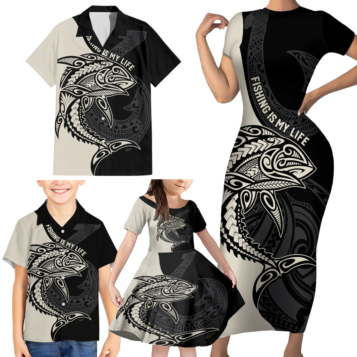 Personalised Polynesia Fishing Family Matching Short Sleeve Bodycon Dress and Hawaiian Shirt With Maori Hei Matau Fish Hook Gold Art LT9 - Polynesian Pride