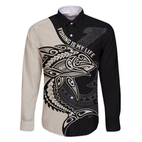 Personalised Polynesia Fishing Family Matching Summer Maxi Dress and Hawaiian Shirt With Maori Hei Matau Fish Hook Gold Art LT9 Dad's Shirt - Long Sleeve Gold - Polynesian Pride