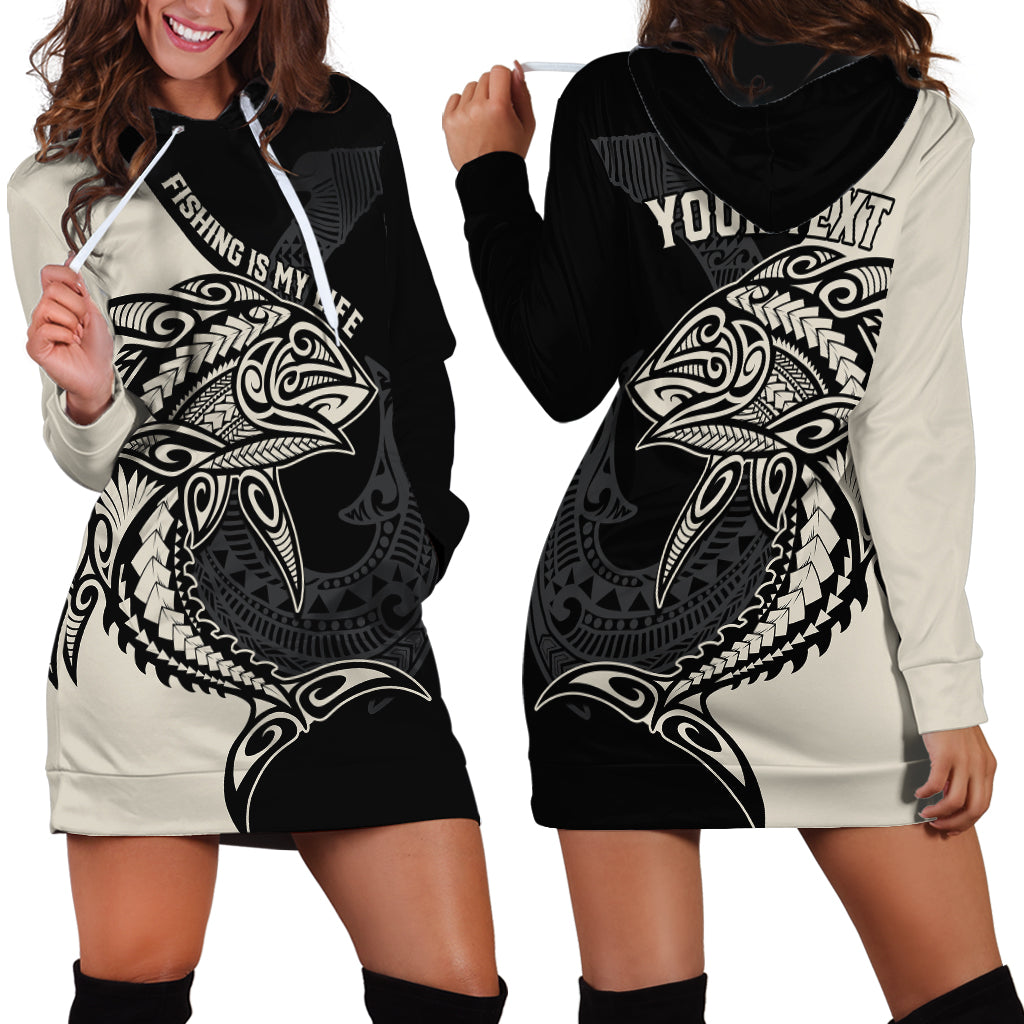 Personalised Polynesia Fishing Hoodie Dress With Maori Hei Matau Fish Hook Gold Art LT9 - Polynesian Pride