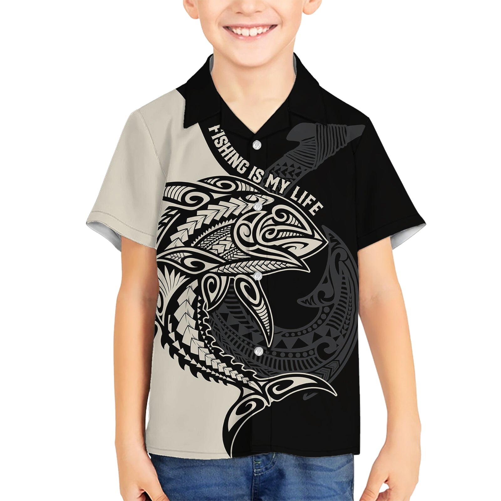 Personalised Polynesia Fishing Kid Hawaiian Shirt With Maori Hei Matau Fish Hook Gold Art LT9 Kid Gold - Polynesian Pride