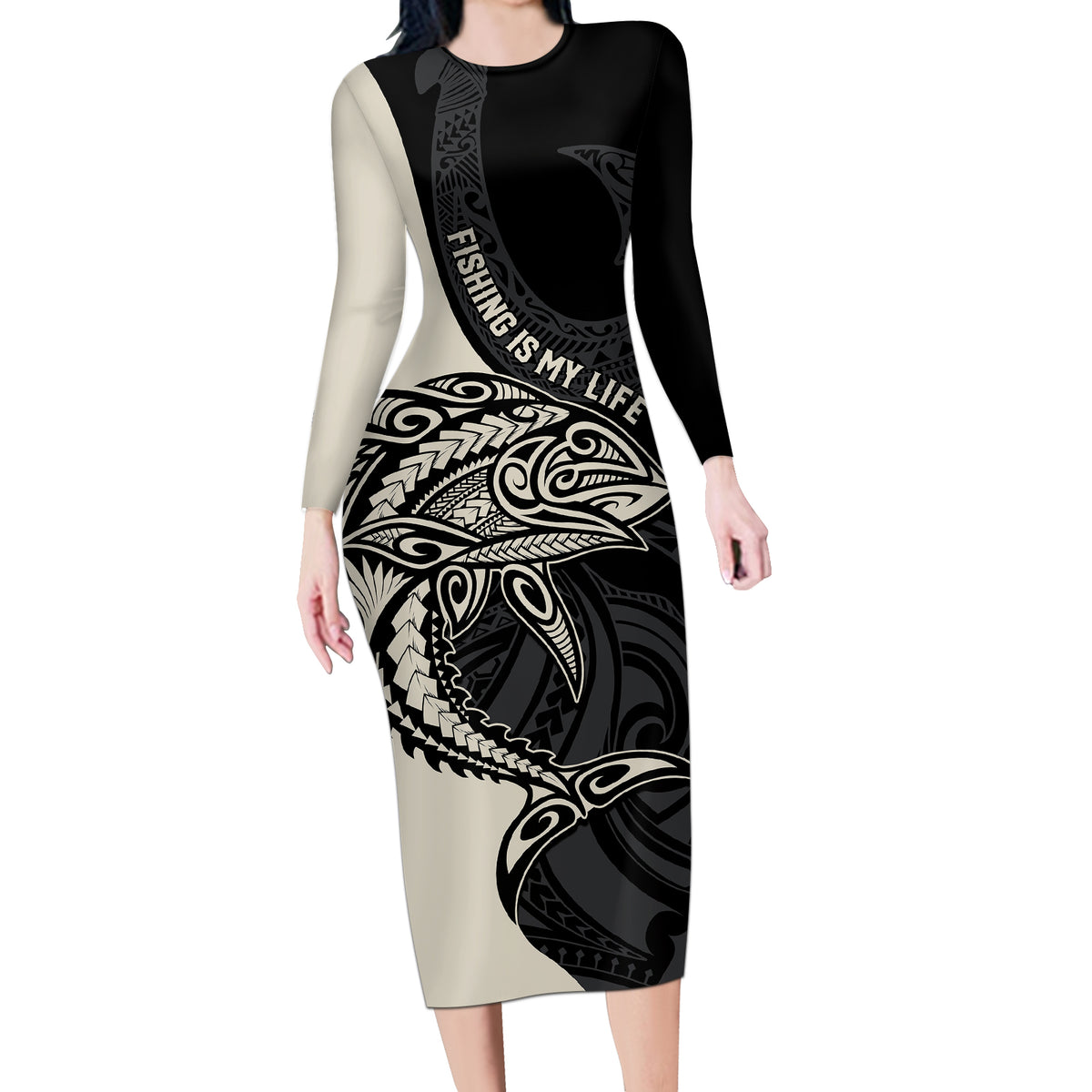 Personalised Polynesia Fishing Long Sleeve Bodycon Dress With Maori Hei Matau Fish Hook Gold Art LT9 Long Dress Gold - Polynesian Pride