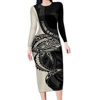 Personalised Polynesia Fishing Long Sleeve Bodycon Dress With Maori Hei Matau Fish Hook Gold Art LT9 Long Dress Gold - Polynesian Pride