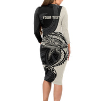 Personalised Polynesia Fishing Long Sleeve Bodycon Dress With Maori Hei Matau Fish Hook Gold Art LT9 - Polynesian Pride