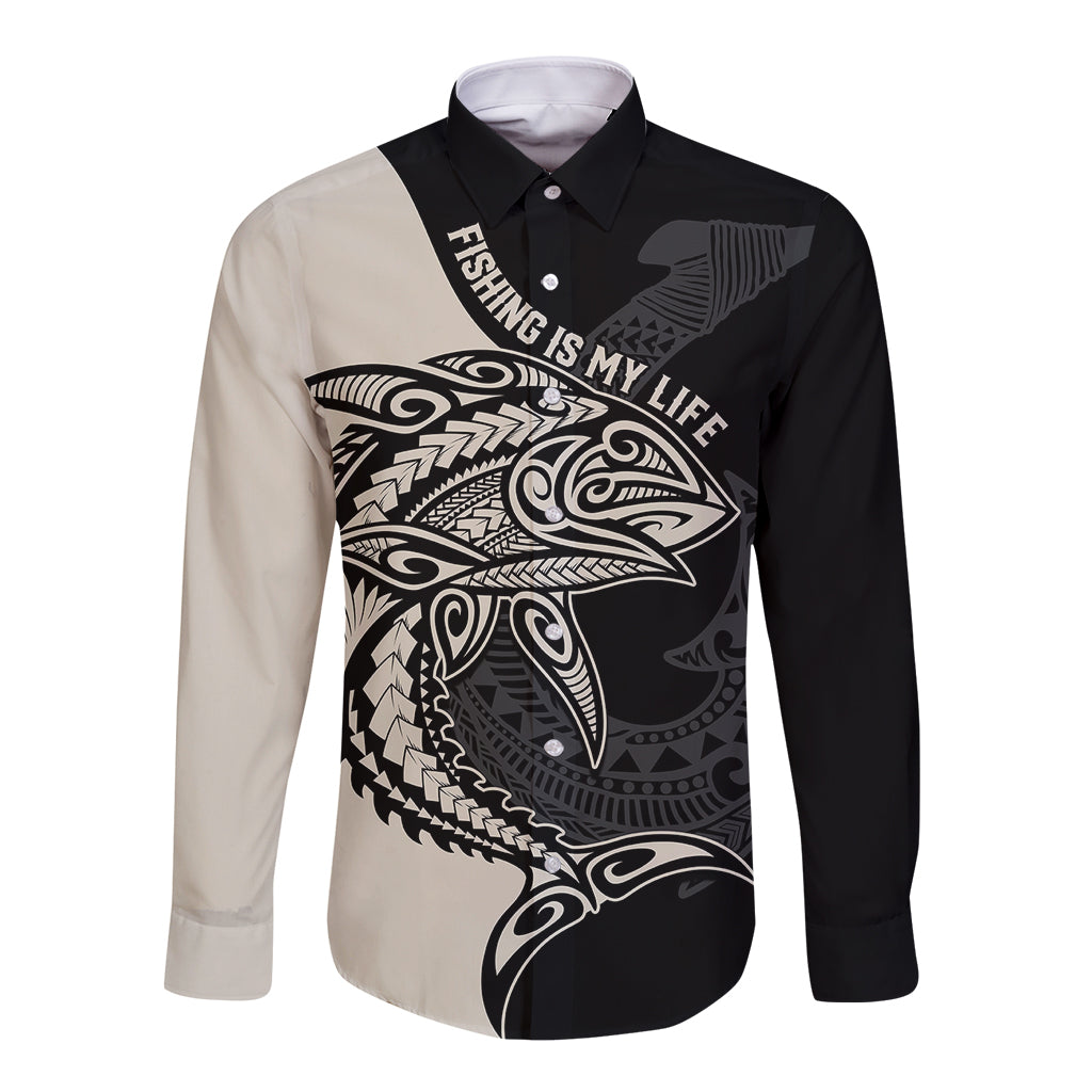 Personalised Polynesia Fishing Long Sleeve Button Shirt With Maori Hei Matau Fish Hook Gold Art LT9 Unisex Gold - Polynesian Pride