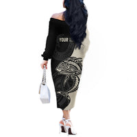 Personalised Polynesia Fishing Off The Shoulder Long Sleeve Dress With Maori Hei Matau Fish Hook Gold Art LT9 - Polynesian Pride