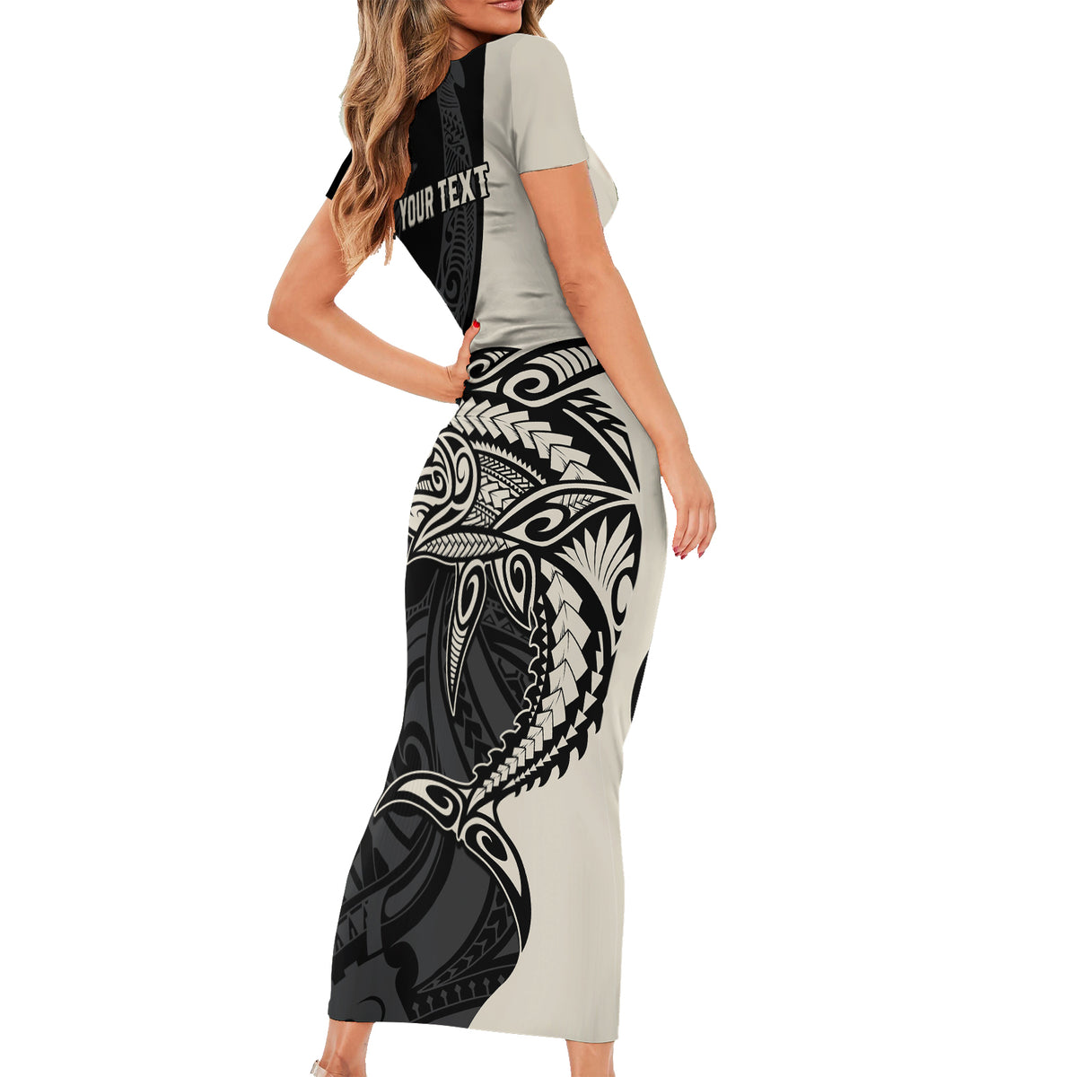 Personalised Polynesia Fishing Short Sleeve Bodycon Dress With Maori Hei Matau Fish Hook Gold Art LT9 - Polynesian Pride