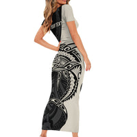 Personalised Polynesia Fishing Short Sleeve Bodycon Dress With Maori Hei Matau Fish Hook Gold Art LT9 - Polynesian Pride