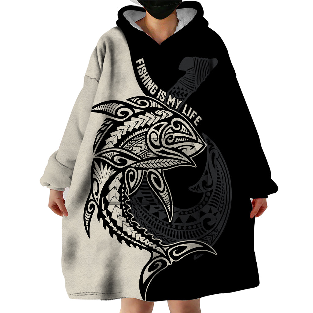 Personalised Polynesia Fishing Wearable Blanket Hoodie With Maori Hei Matau Fish Hook Gold Art LT9 - Polynesian Pride