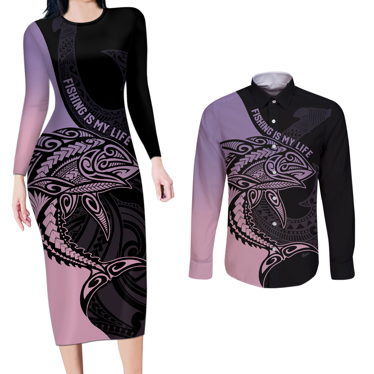 Personalised Polynesia Fishing Couples Matching Long Sleeve Bodycon Dress and Long Sleeve Button Shirts With Maori Hei Matau Fish Hook Pastel Art LT9 Pastel - Polynesian Pride