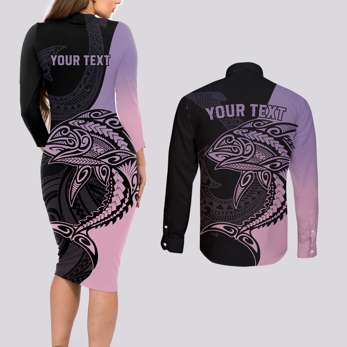 Personalised Polynesia Fishing Couples Matching Long Sleeve Bodycon Dress and Long Sleeve Button Shirts With Maori Hei Matau Fish Hook Pastel Art LT9 - Polynesian Pride