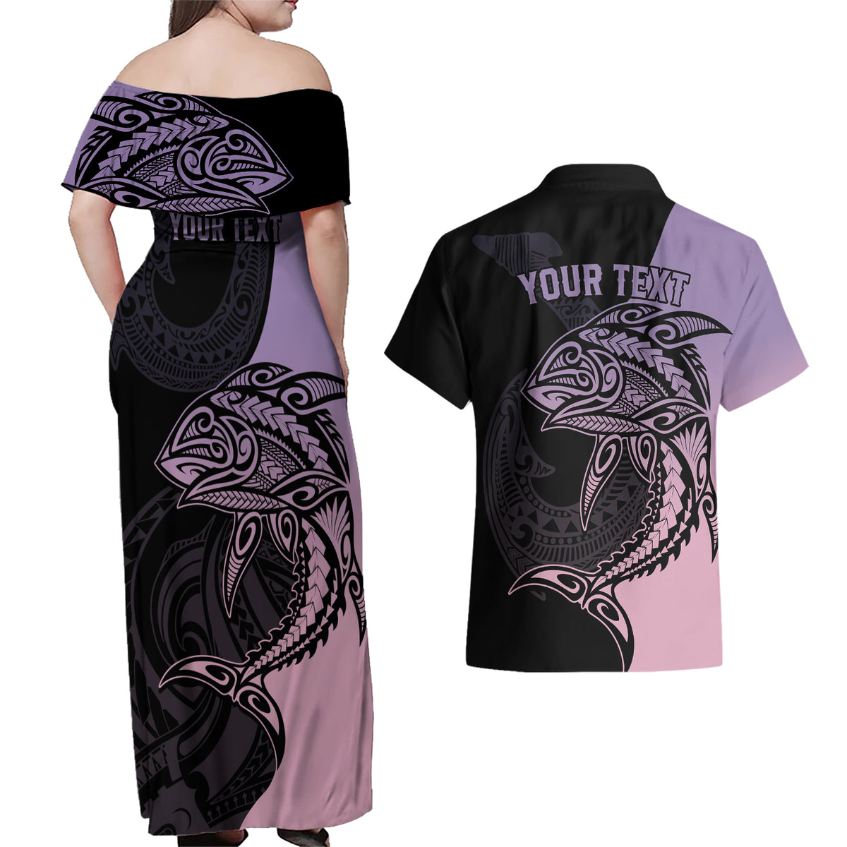 Personalised Polynesia Fishing Couples Matching Off Shoulder Maxi Dress and Hawaiian Shirt With Maori Hei Matau Fish Hook Pastel Art LT9 - Polynesian Pride