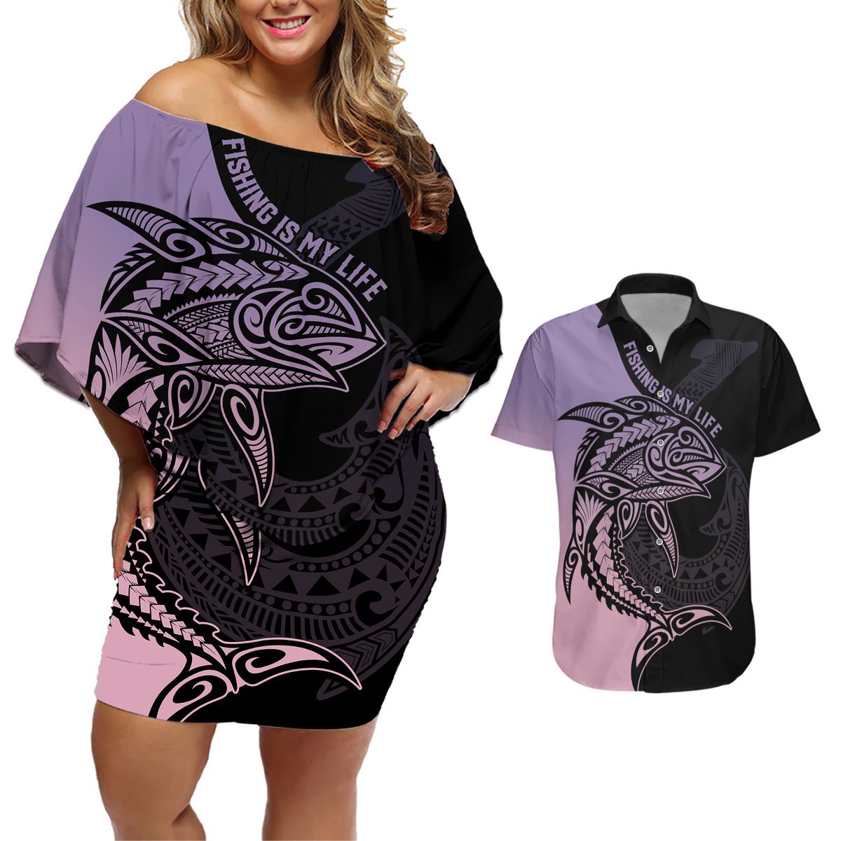 Personalised Polynesia Fishing Couples Matching Off Shoulder Short Dress and Hawaiian Shirt With Maori Hei Matau Fish Hook Pastel Art LT9 Pastel - Polynesian Pride