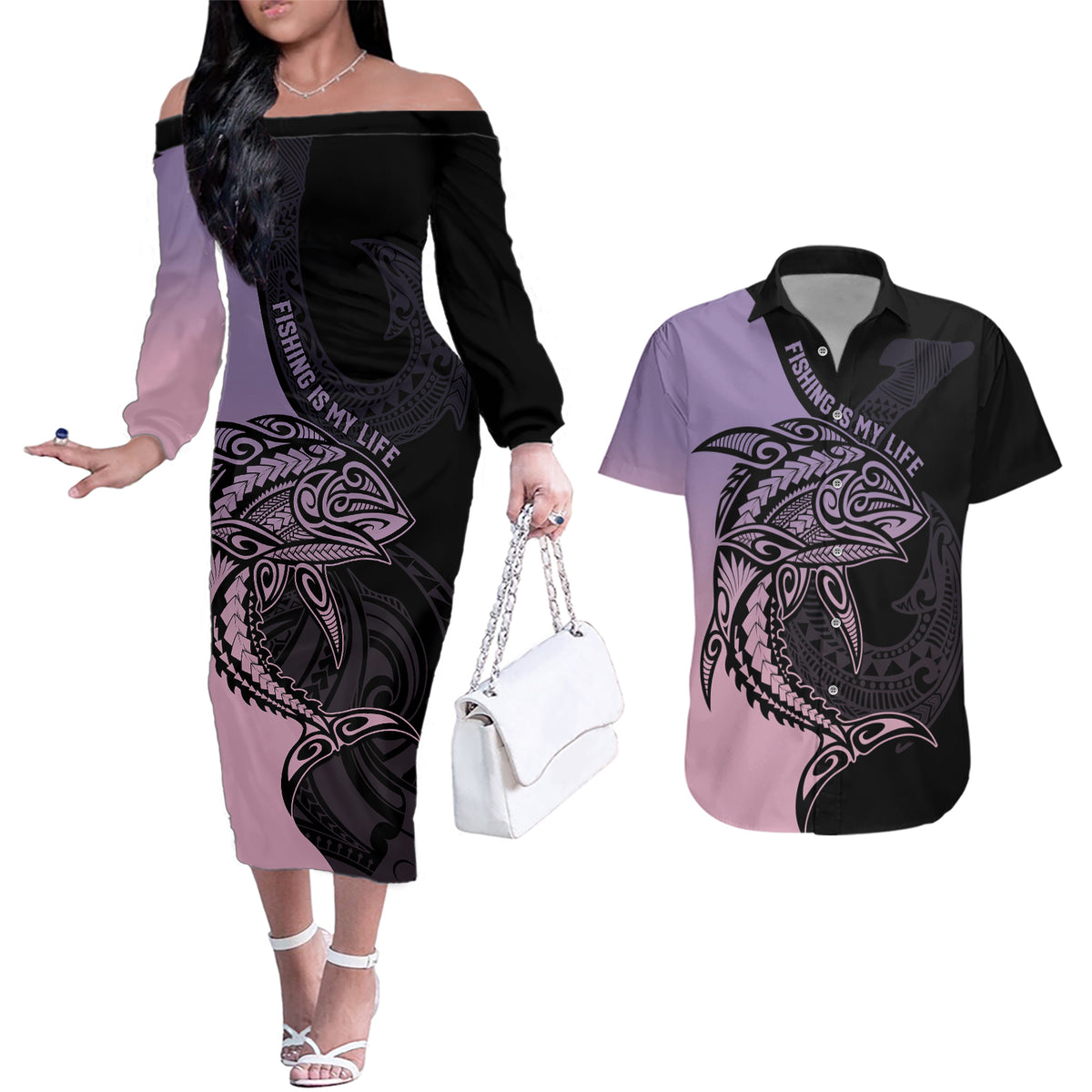 Personalised Polynesia Fishing Couples Matching Off The Shoulder Long Sleeve Dress and Hawaiian Shirt With Maori Hei Matau Fish Hook Pastel Art LT9 Pastel - Polynesian Pride