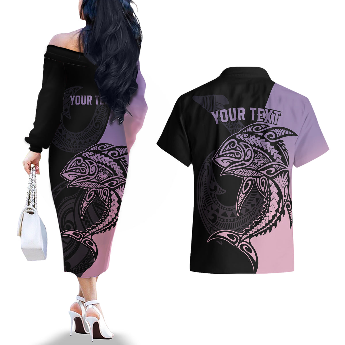 Personalised Polynesia Fishing Couples Matching Off The Shoulder Long Sleeve Dress and Hawaiian Shirt With Maori Hei Matau Fish Hook Pastel Art LT9 - Polynesian Pride