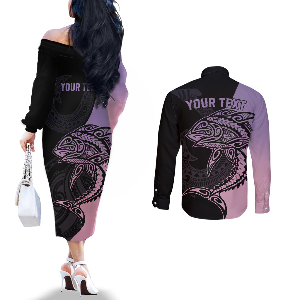 Personalised Polynesia Fishing Couples Matching Off The Shoulder Long Sleeve Dress and Long Sleeve Button Shirts With Maori Hei Matau Fish Hook Pastel Art LT9 - Polynesian Pride