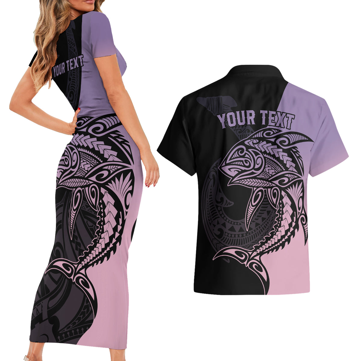 Personalised Polynesia Fishing Couples Matching Short Sleeve Bodycon Dress and Hawaiian Shirt With Maori Hei Matau Fish Hook Pastel Art LT9 - Polynesian Pride