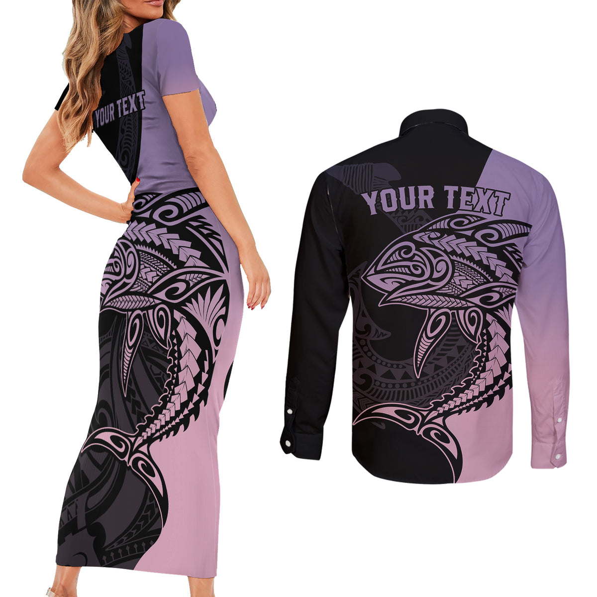 Personalised Polynesia Fishing Couples Matching Short Sleeve Bodycon Dress and Long Sleeve Button Shirts With Maori Hei Matau Fish Hook Pastel Art LT9 - Polynesian Pride