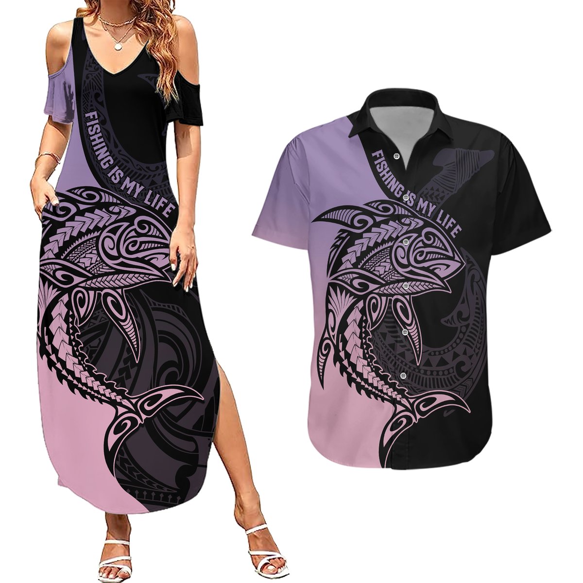 Personalised Polynesia Fishing Couples Matching Summer Maxi Dress and Hawaiian Shirt With Maori Hei Matau Fish Hook Pastel Art LT9 Pastel - Polynesian Pride