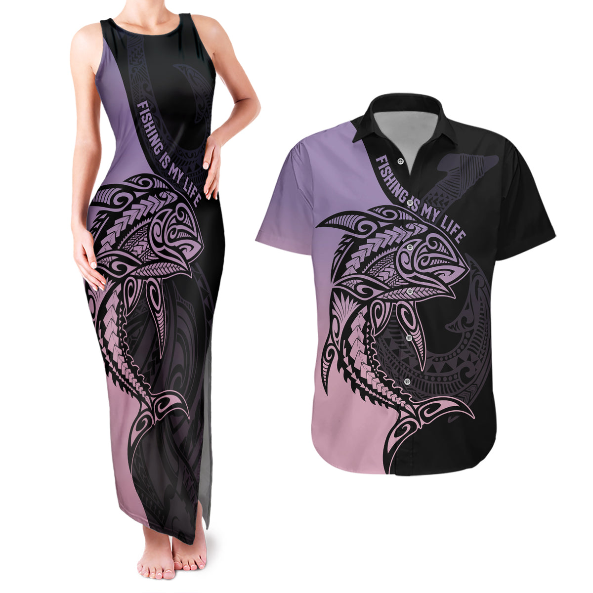 Personalised Polynesia Fishing Couples Matching Tank Maxi Dress and Hawaiian Shirt With Maori Hei Matau Fish Hook Pastel Art LT9 Pastel - Polynesian Pride